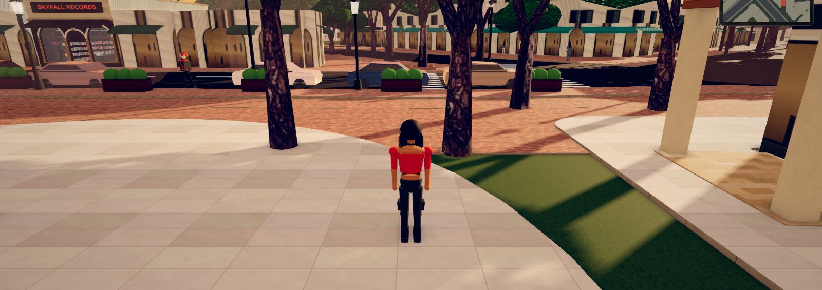 In-game: Sophia outside Skyfall Records on Grand Ave, 2043