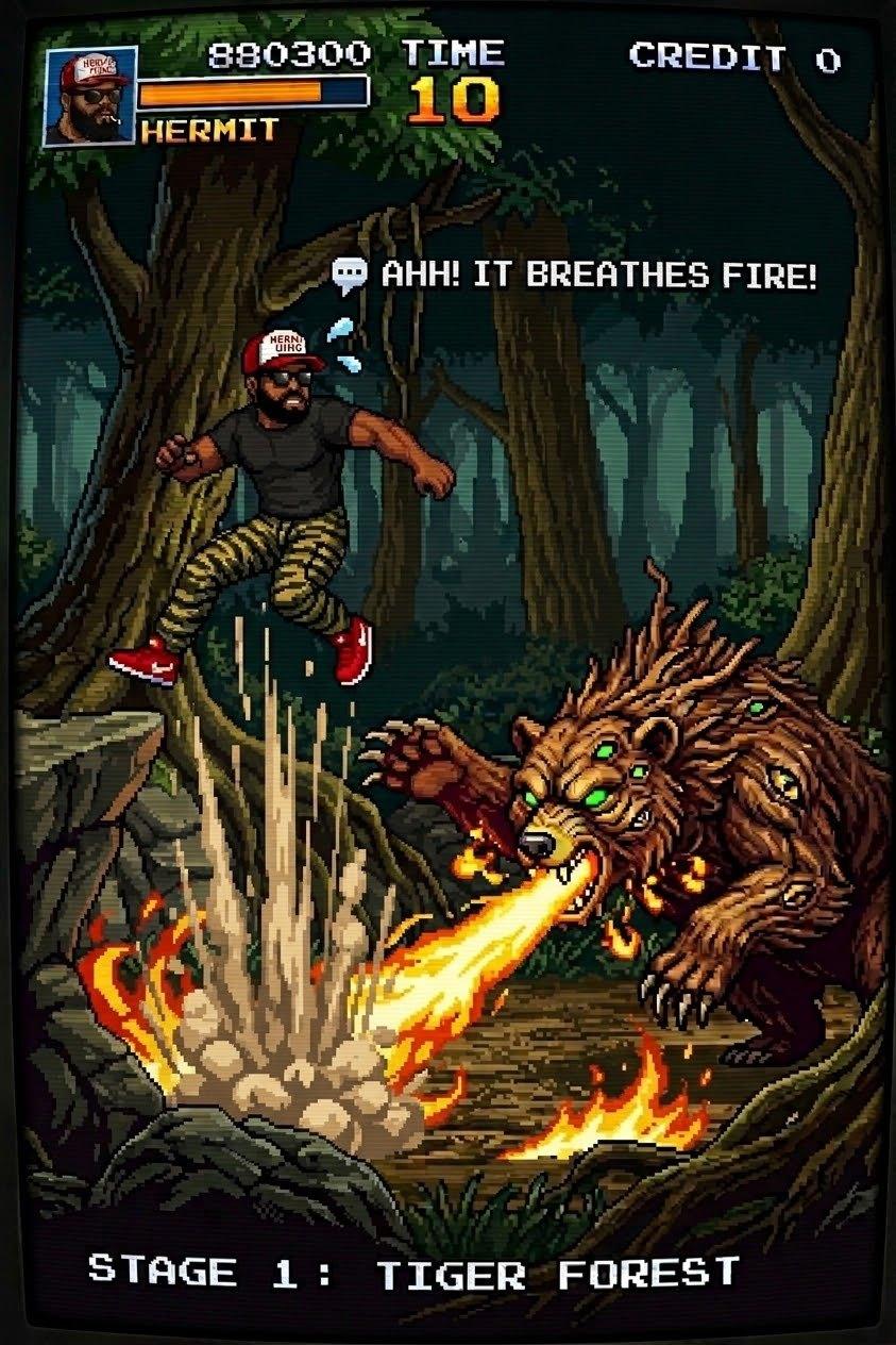 Hermit King arcade screenshot: a fire-breathing bear