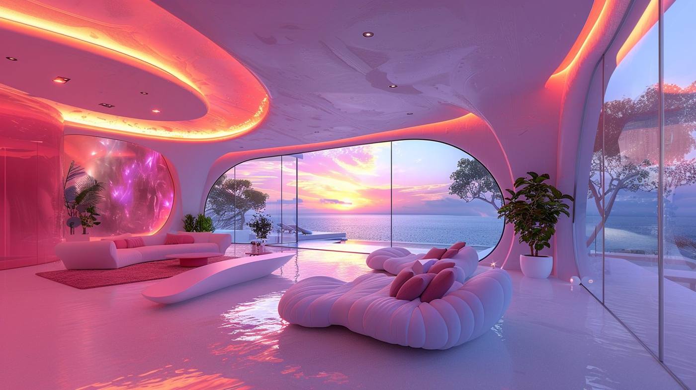 Villa lounge in pink light