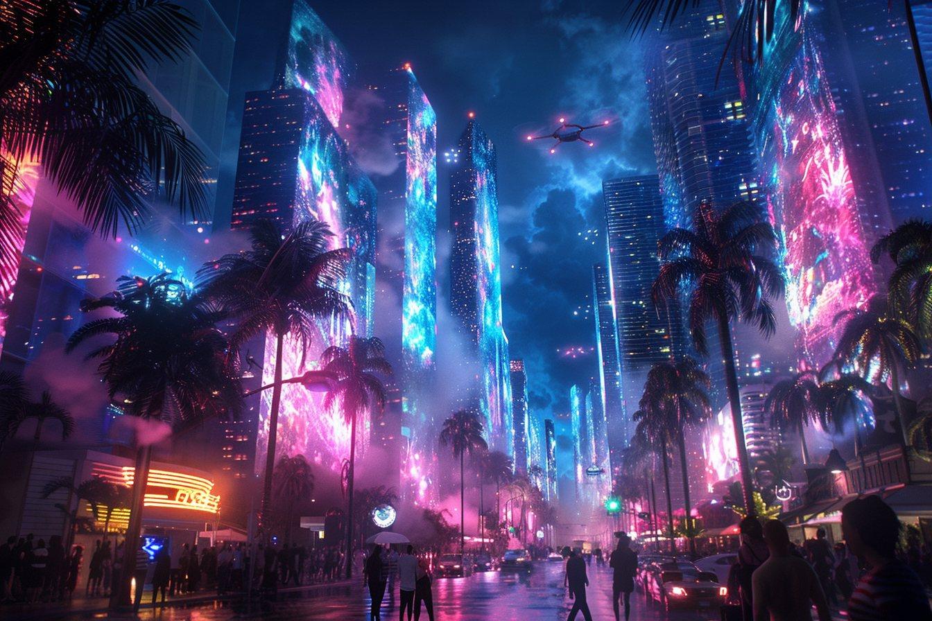 Miami towers of neon and glass with a drone overhead