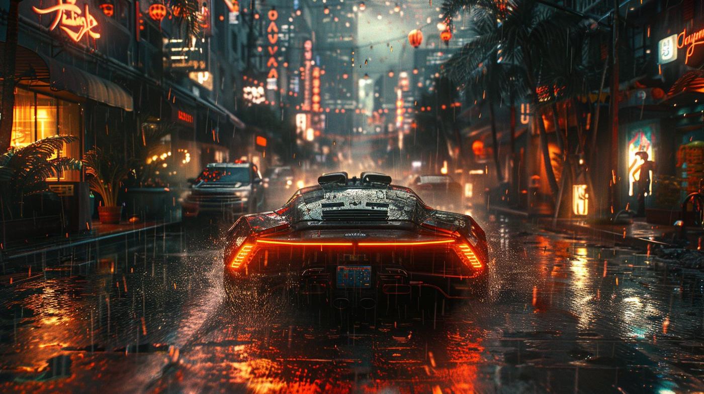 Rain-slick Miami street at night under neon, a supercar's tail lights