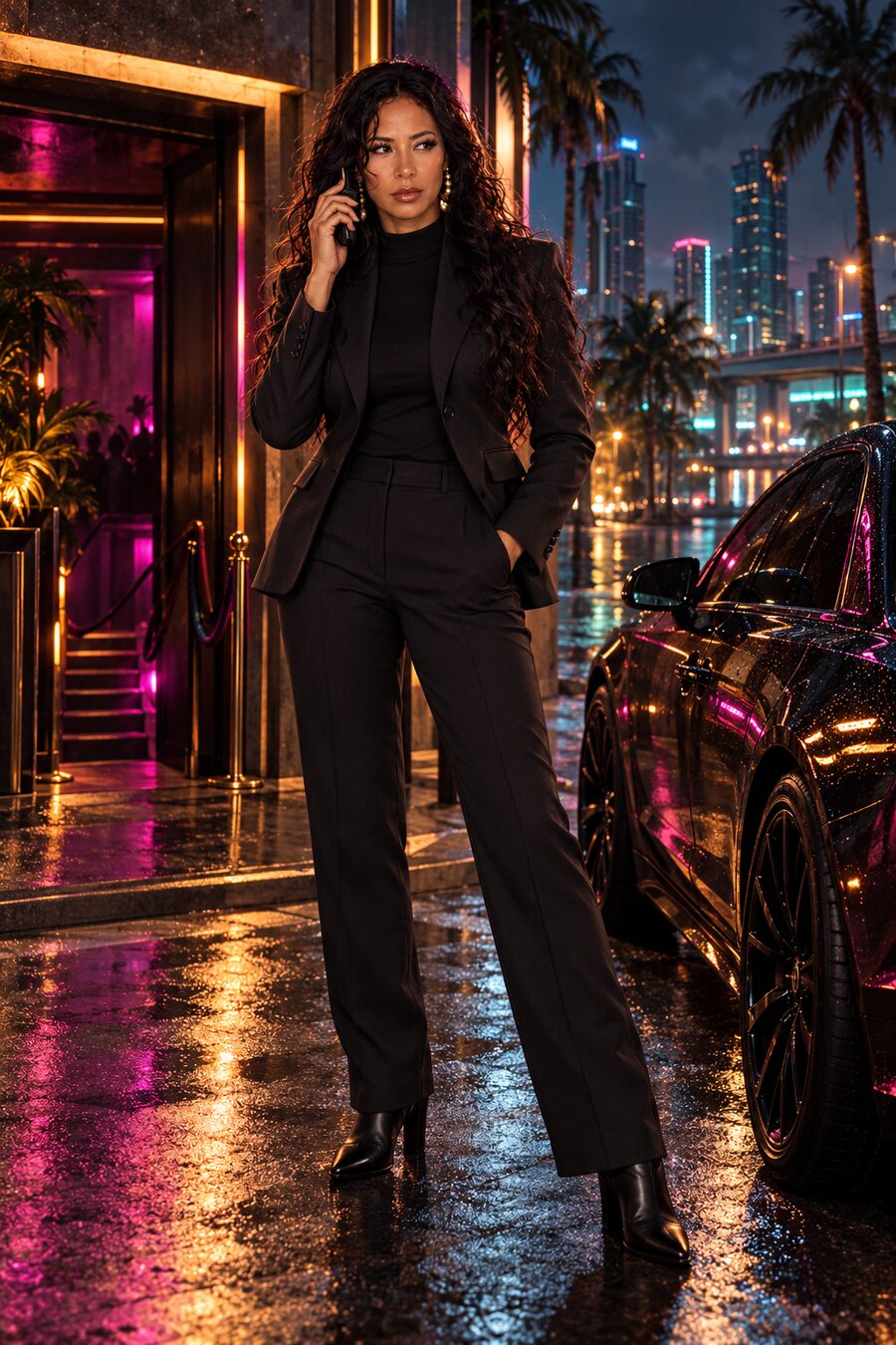Miss Cash outside the club at night, on the phone, beside a dark car