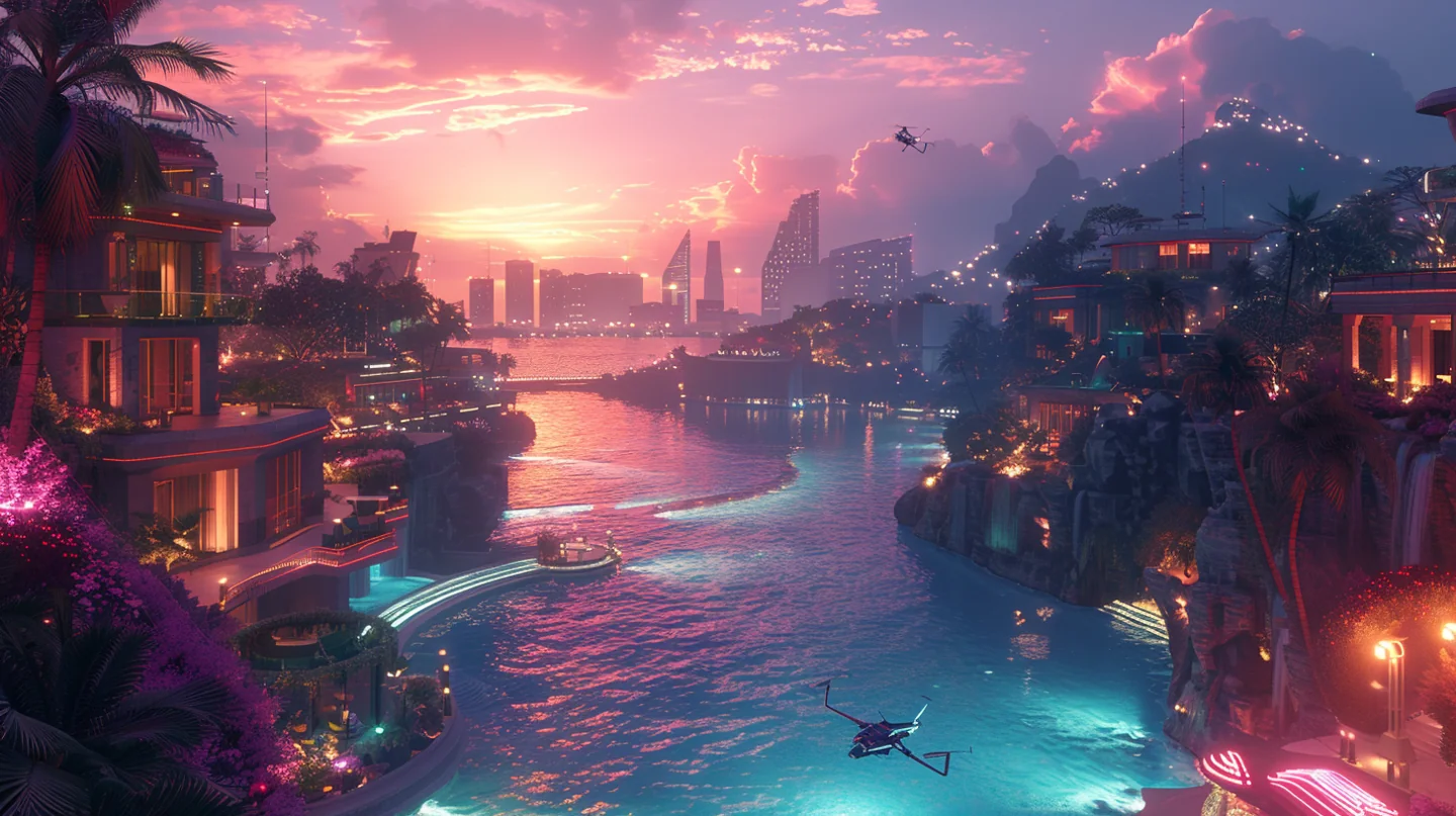 Sunset over turquoise canals, tropical villas and lit terraces