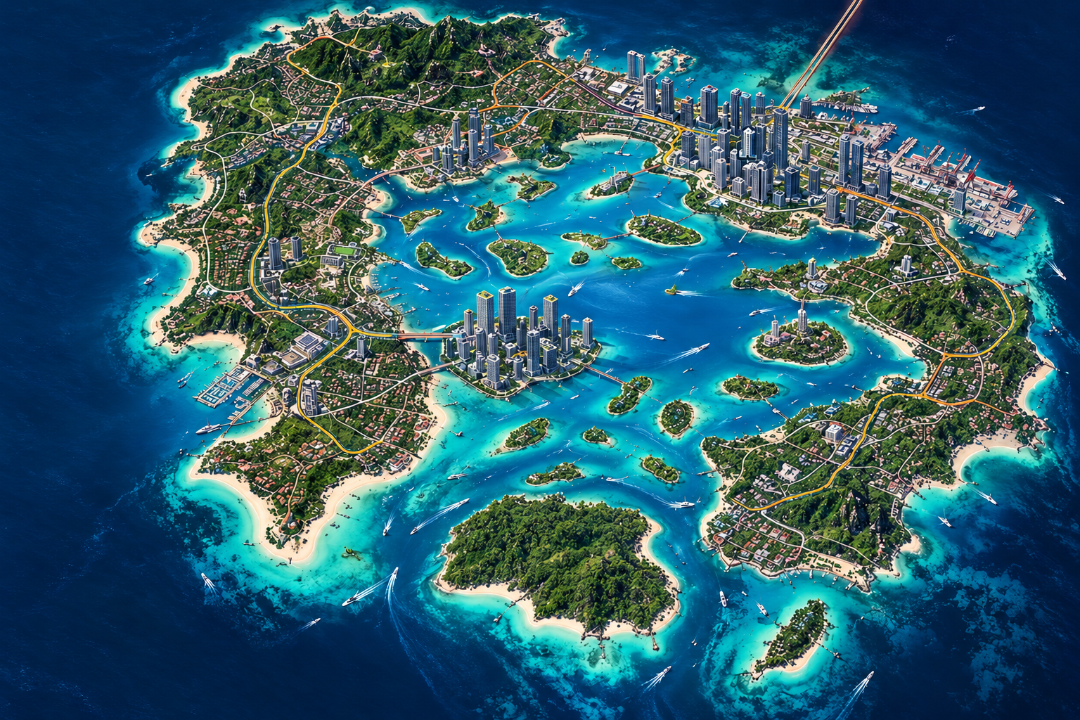 Aerial map of the Paradise Islands: a ring of islands and districts around Regatta Lagoon