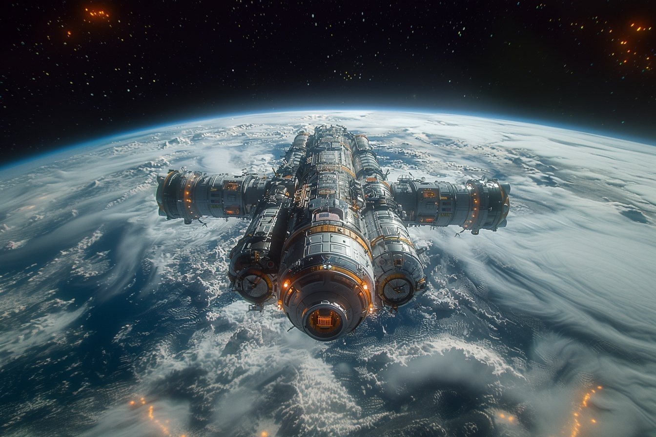 Station Athena over Earth, a compact cross-shaped station with orange running lights