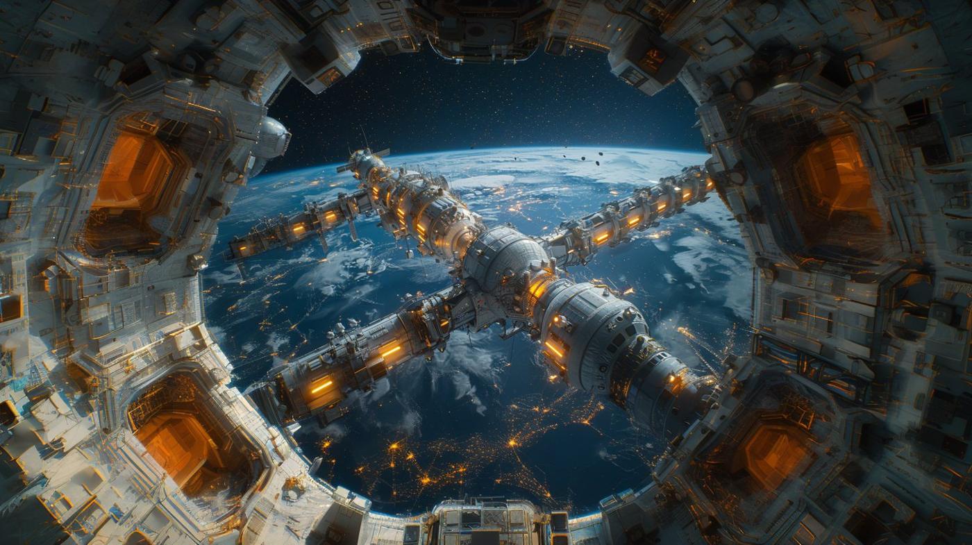 Looking through a docking ring at Station Athena
