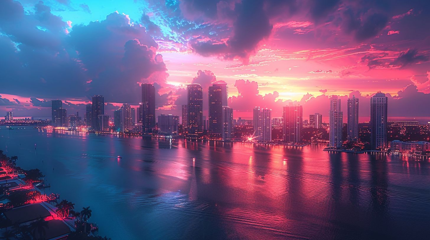 Miami bay at dusk, magenta sky over the towers