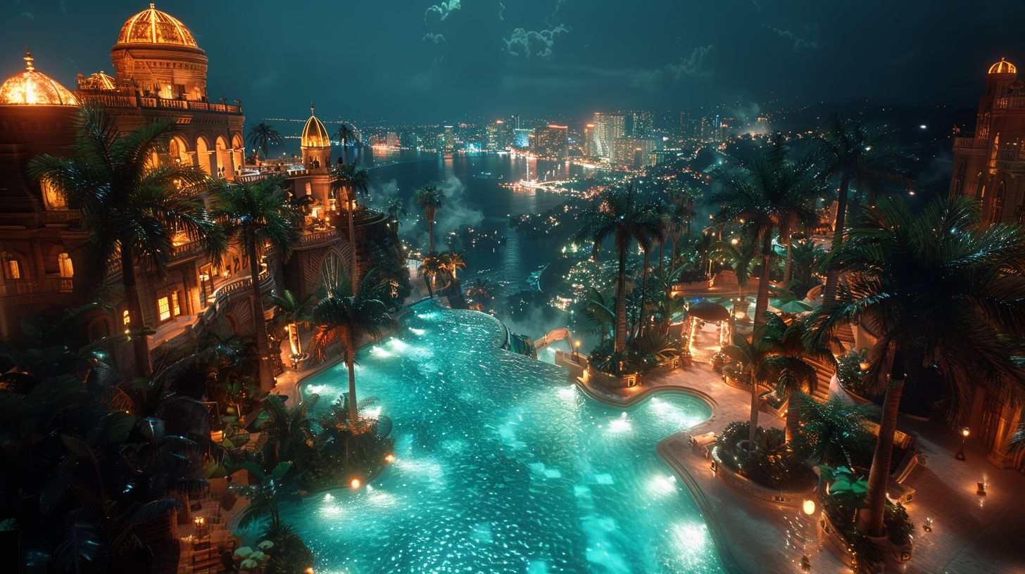 A glowing pool at night below gold-domed towers, a lit bay beyond