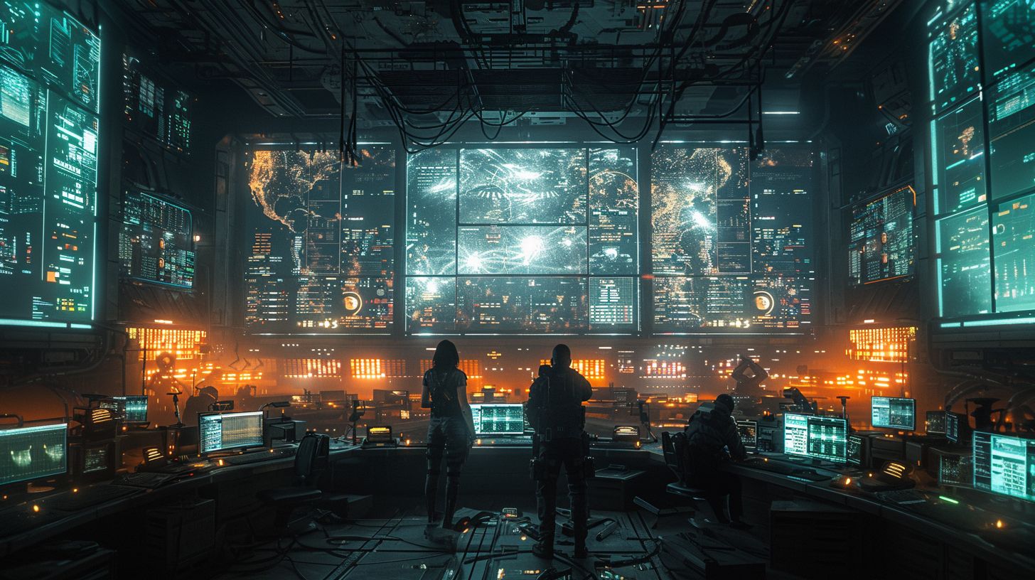 Two figures in front of a wall of surveillance maps