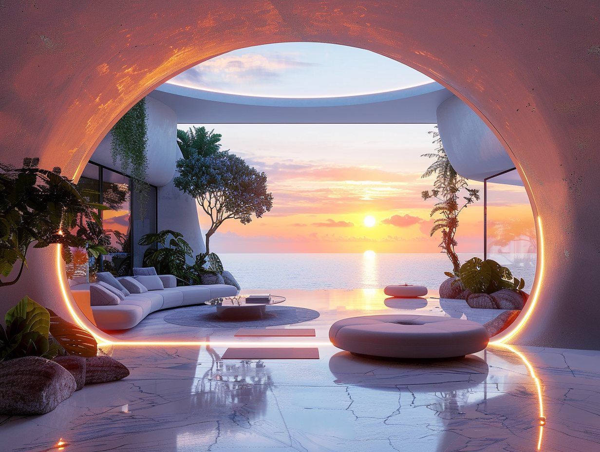 A villa lounge seen through an arched opening, sunset over the sea